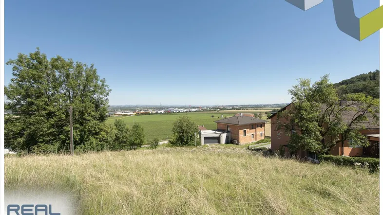 Weitläufiger Blick über grüne Felder und die umliegende Landschaft mit vereinzelten Häusern.