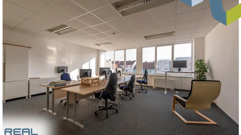 Geräumiges Büro mit mehreren Arbeitsplätzen, großen Fenstern und Teppichboden, hell und funktional eingerichtet.