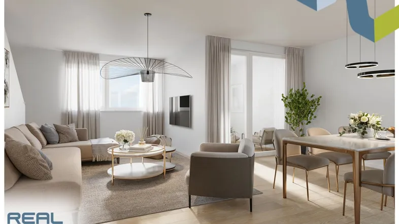Helles, offenes Wohn-Esszimmer mit modernem Design, Parkettboden und Zugang zu einem Balkon.
