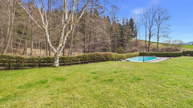 Großer Gartenbereich mit Rasenfläche, Hecke und einem einladenden Swimmingpool im Grünen.
