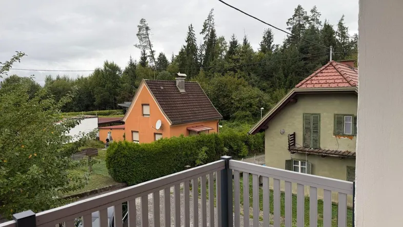 Blick von einem Balkon mit grauem Geländer auf benachbarte Häuser und grüne Bäume.
