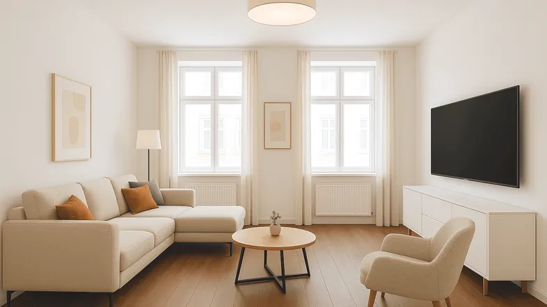 Helles Wohnzimmer mit modernem L-förmigem Sofa, Holzboden und zwei großen Fenstern.