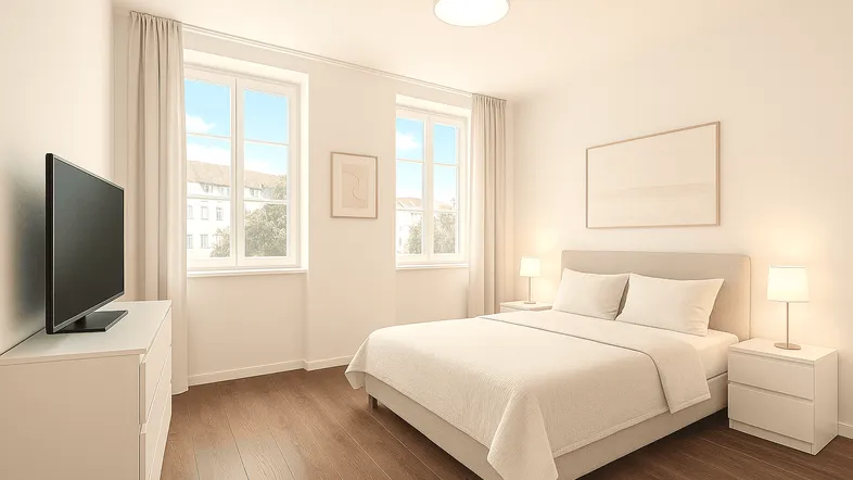 Helles Schlafzimmer mit Holzboden, großen Fenstern und einem bequemen Doppelbett.