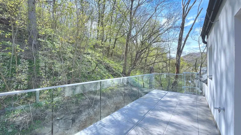 Geräumige Terrasse mit modernem Glasgeländer und Blick ins Grüne, ideal zum Entspannen im Freien.