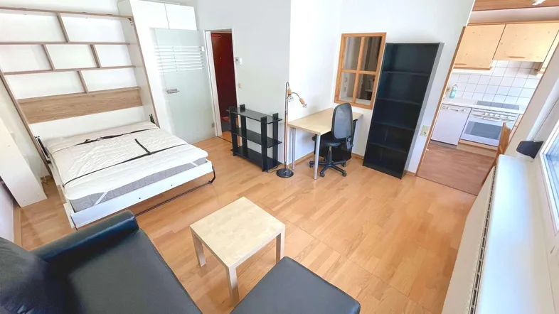 Helles Studio-Apartment mit Schlafbereich, Sofa, Schreibtisch und integrierter Küchenzeile.