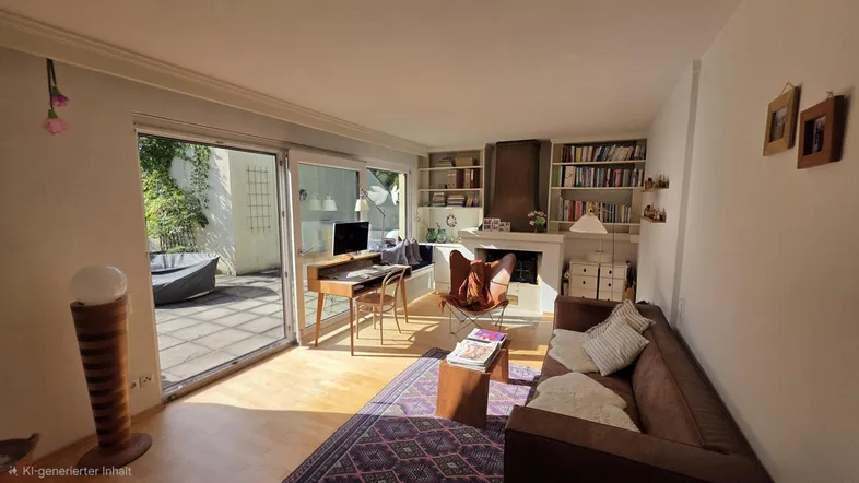 Helles Wohnzimmer mit Holzboden, Kamin, Bücherregalen und direktem Zugang zur sonnigen Terrasse.