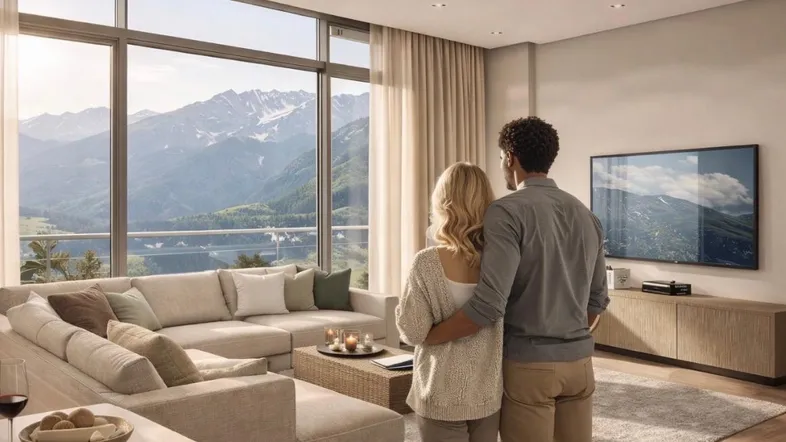 Helles Wohnzimmer mit großen Fenstern, Bergblick und moderner Einrichtung.