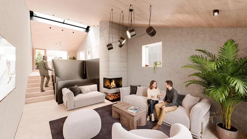 Helles Wohnzimmer mit Holzboden, Sichtbetonwänden und modernem Kamin, ideal für gemütliche Abende.