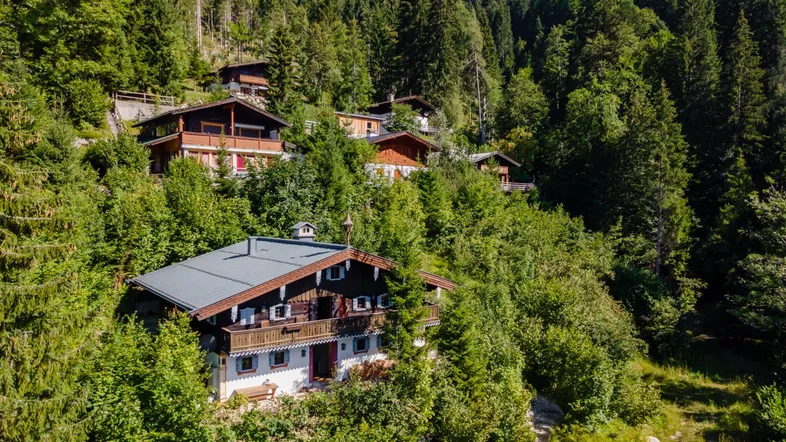 Mehrere traditionelle Chalets eingebettet in eine bewaldete Berglandschaft mit Blick auf die Umgebung.