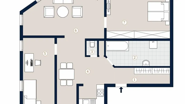 Grundriss einer Wohnung mit mehreren Zimmern, Bad, WC und offener Küche.