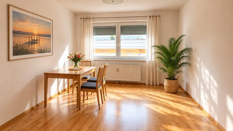 Helles Esszimmer mit Holztisch, Stühlen und Parkettboden, durchflutet von natürlichem Sonnenlicht.