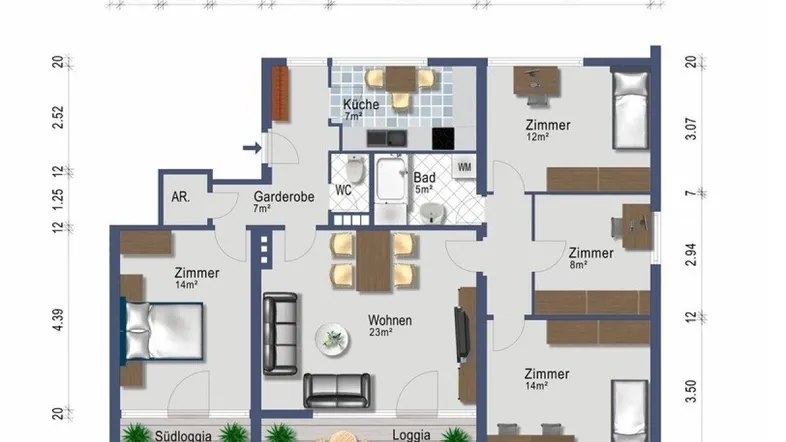 Grundriss einer Wohnung mit mehreren Zimmern, zwei Loggien und separater Küche.