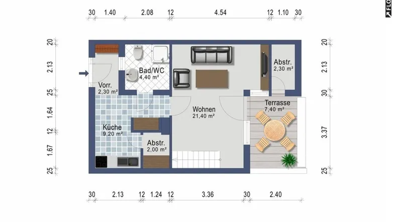 Grundriss einer Wohnung mit Küche, Bad, Wohnbereich, Abstellräumen und Terrasse.