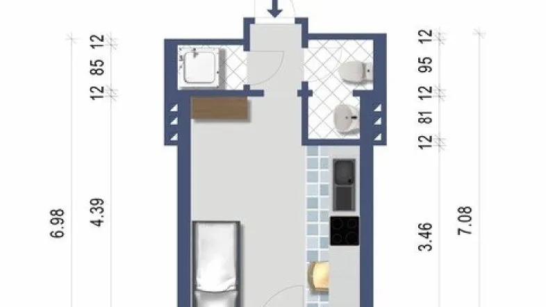 Grundriss einer kleinen Wohnung mit offenem Wohnbereich, integrierter Küche und separatem Bad.