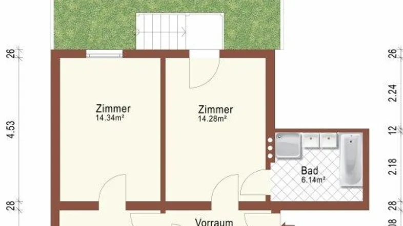 Grundrissplan des Erdgeschosses mit Garten, Parkplatz, Küche, Bad und drei Zimmern.