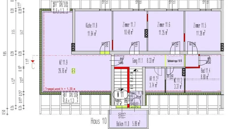Detaillierter Grundrissplan mit Raumaufteilung, Flächenangaben und Balkonzugang.