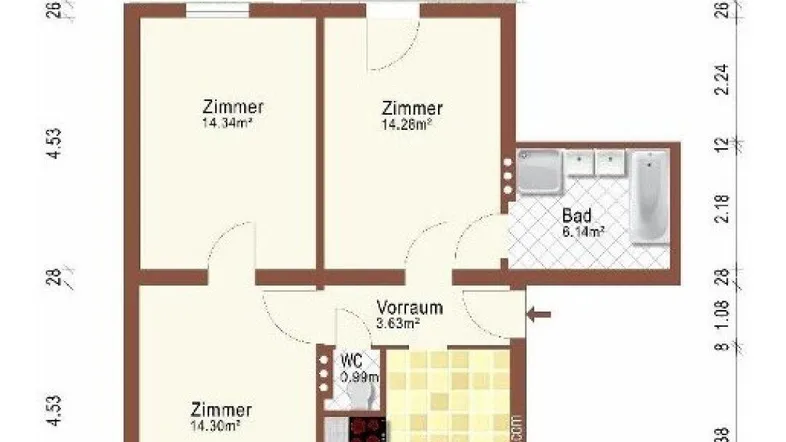 Grundrissplan einer Wohnung mit drei Zimmern, Küche, Bad, WC und Balkon.