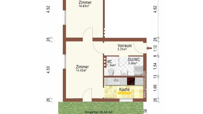 Detaillierter Grundriss einer Wohneinheit mit zwei Schlafzimmern, Küche, Duschbad und Gäste-WC, ergänzt durch Vorgarten und Parkplatz.