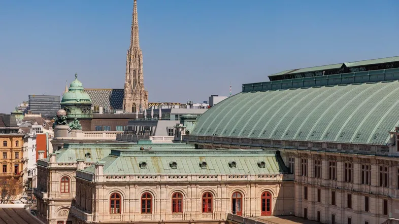 Panoramablick über die Dächer einer historischen Stadt mit markanten grünen Kuppeln und einem hohen Kirchturm.