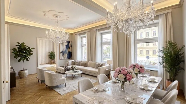 Elegantes Wohn- und Esszimmer mit Fischgrätparkett, Stuckdecken und opulenten Kronleuchtern.