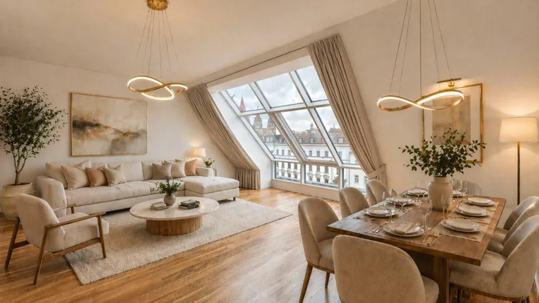 Helles, modernes Wohn-Esszimmer mit Holzboden, großen Fenstern und stilvoller Einrichtung.