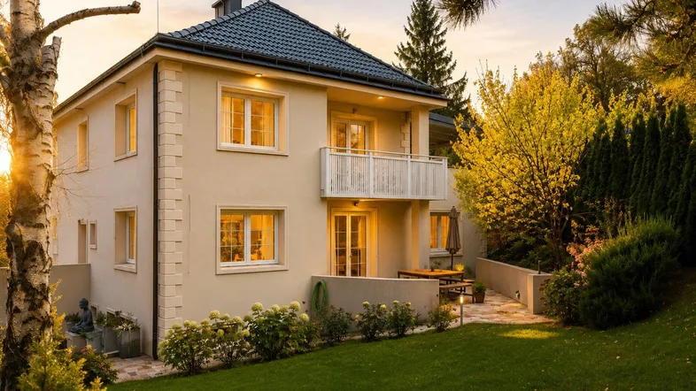 Charmantes Einfamilienhaus mit gepflegtem Garten und Terrasse bei Sonnenuntergang.