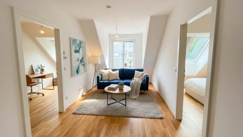 Gemütliches Wohnzimmer mit blauem Sofa, Holzboden und Zugang zu einem kleinen Balkon.