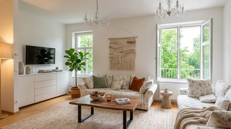 Helles Wohnzimmer mit floral gemusterten Sofas, Holzboden und großen Fenstern mit Blick ins Grüne.
