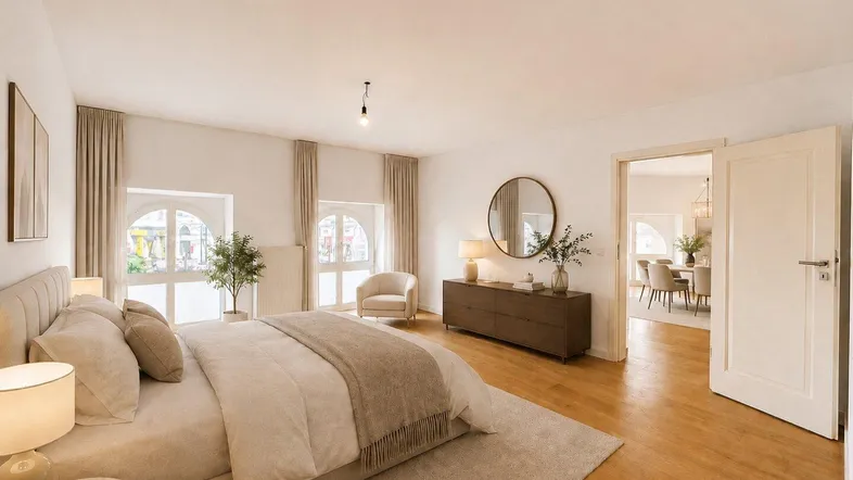 Virtuell inszeniertes Schlafzimmer mit eleganten Möbeln, Holzboden und großen Rundbogenfenstern.