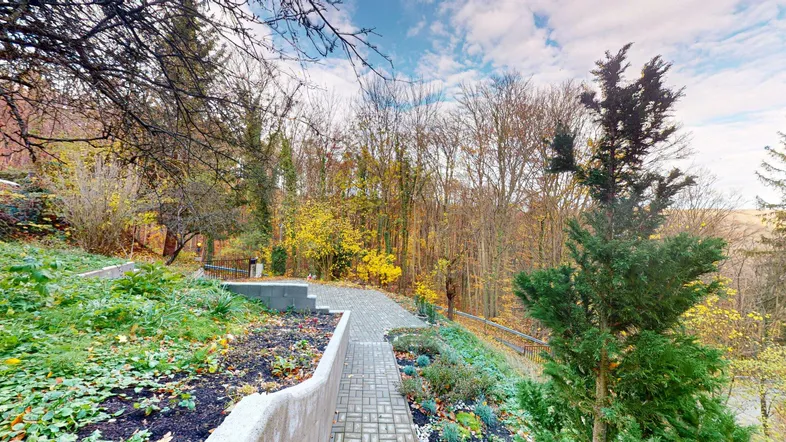 Geschwungener Weg durch eine herbstliche Gartenlandschaft mit Bäumen und Sträuchern.