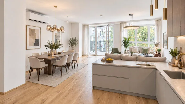 Heller, offener Wohn-Essbereich mit moderner Küche, Holzboden und Zugang zum Balkon.