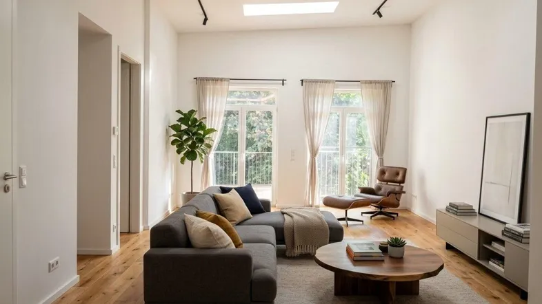 Helles Wohnzimmer mit Holzboden, großen Fenstern, Oberlicht und moderner Einrichtung.