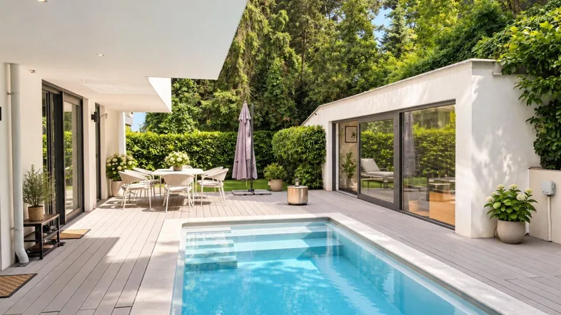 Große Terrasse mit modernem Pool und Essbereich, umgeben von üppigem Grün.