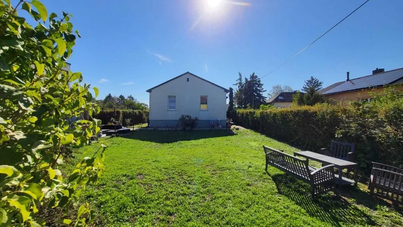 Sonniger Gartenbereich mit Rasenfläche, Hecke und Sitzgelegenheiten hinter dem Haus.