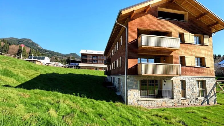 Modernes Holzhaus mit Steinverkleidung und Balkonen in alpiner Landschaft.