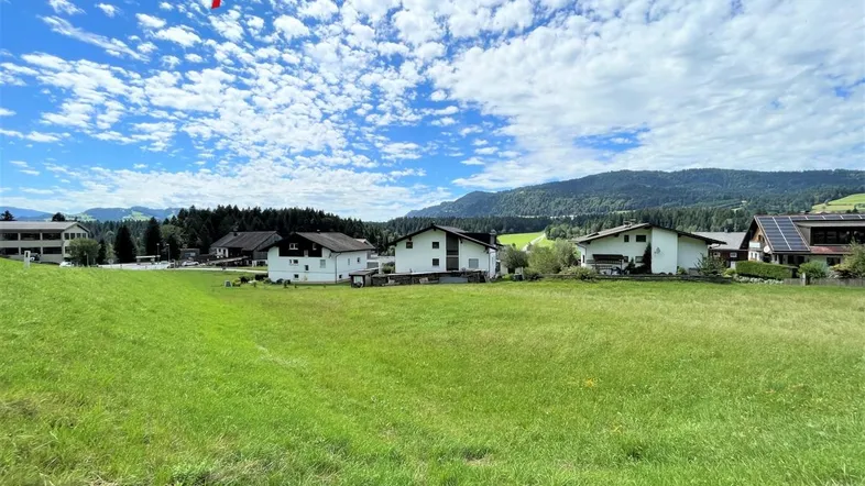 Weitläufige grüne Landschaft mit mehreren Wohnhäusern und Bergen im Hintergrund unter blauem Himmel.