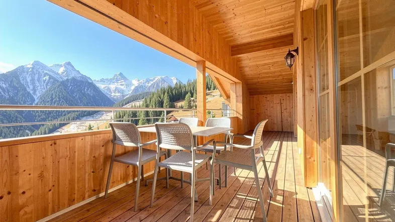 Sonniger Holzbalkon mit Essbereich und beeindruckendem Panoramablick auf die umliegende Bergwelt.