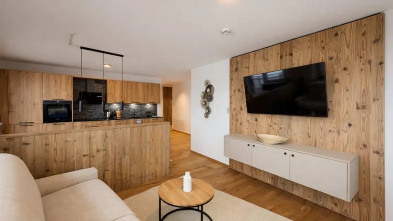 Offener Wohnbereich mit Holzwand, Fernseher und integrierter Küche mit modernen Geräten.