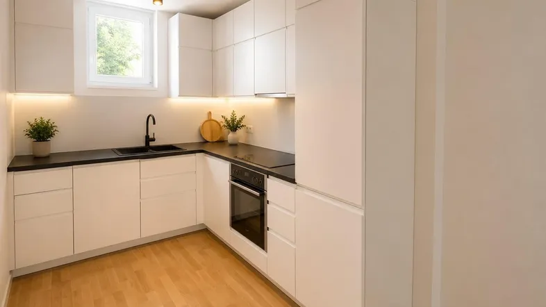 Moderne Einbauküche mit weißen Schränken, dunkler Arbeitsplatte und hellem Holzfußboden, gut beleuchtet.