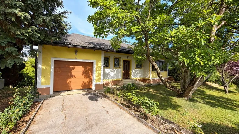 Gelbes Einfamilienhaus mit braunem Garagentor und gepflegtem Vorgarten unter blauem Himmel.