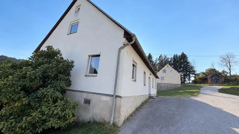 Weißes Einfamilienhaus mit Satteldach und grüner Umgebung unter blauem Himmel.