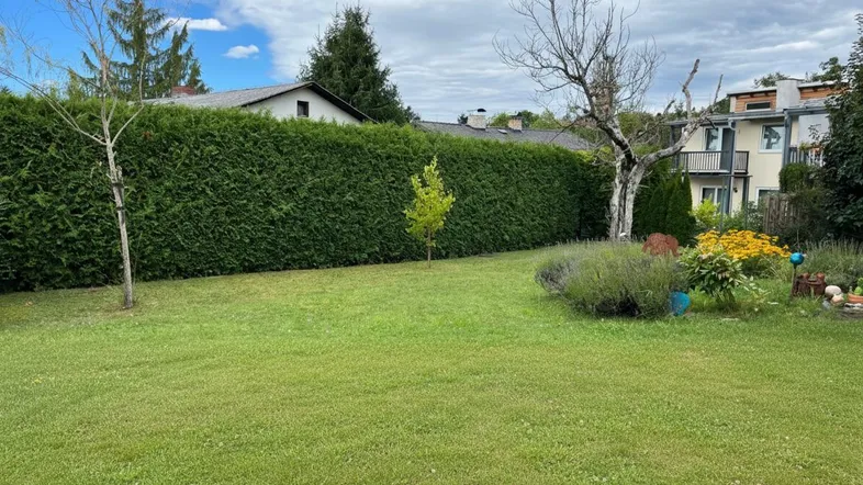 Grüner Gartenbereich mit gepflegtem Rasen, hoher Hecke und Blumenbeeten unter bewölktem Himmel.