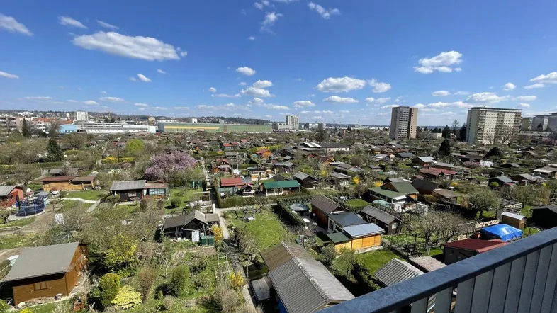 Weitläufiger Blick über Kleingärten und die Stadtlandschaft unter blauem Himmel.