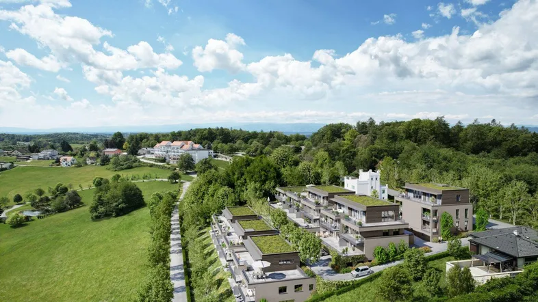 Luftaufnahme einer modernen Wohnanlage in grüner Hanglage mit weitem Blick über die Landschaft.