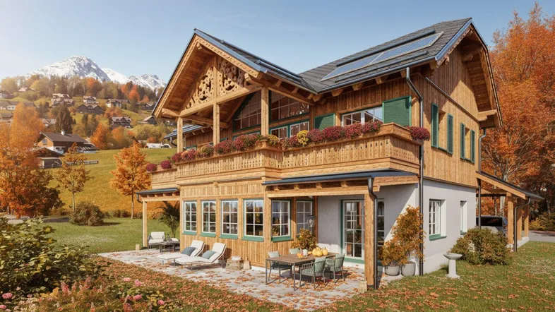 Charmantes Holzchalet mit Terrasse und Balkonen, umgeben von herbstlicher Berglandschaft und Photovoltaikanlage.