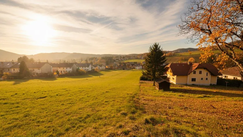 Sonnenuntergang über einer ländlichen Siedlung mit weiten Feldern und herbstlicher Vegetation.