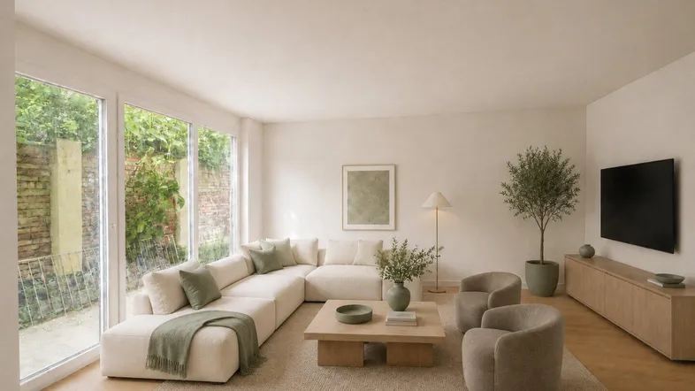 Helles, modern eingerichtetes Wohnzimmer mit großem Ecksofa, Holzboden und bodentiefen Fenstern zum Garten.