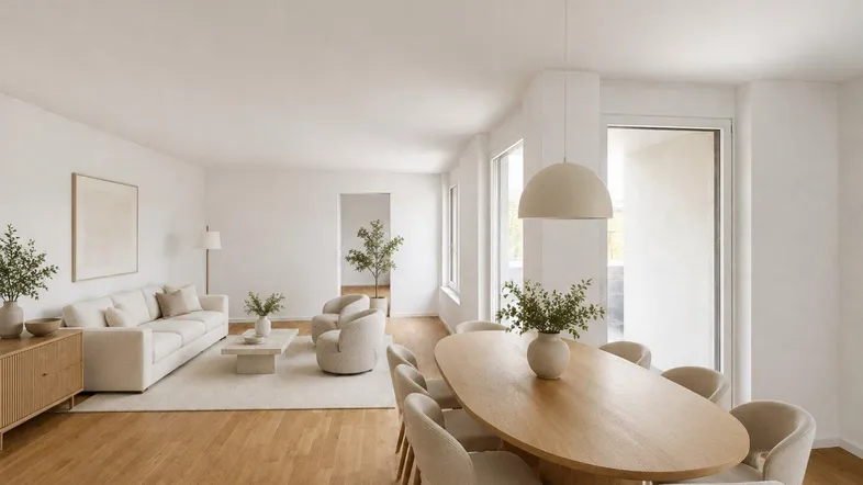 Helles, offenes Wohn-Esszimmer mit modernem Design, Holzboden und Zugang zum Balkon.
