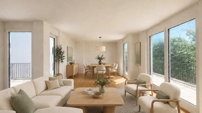 Helles, modern eingerichtetes Wohn- und Esszimmer mit Holzboden und Zugang zu einem Balkon.