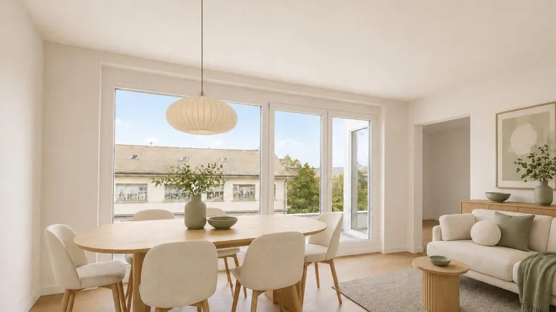 Helles Wohn- und Esszimmer mit Holzboden, großen Fenstern und moderner Einrichtung.
